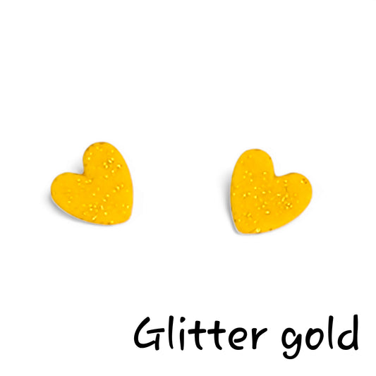 Καρφωτά σκουλαρίκια glitter gold καρδούλες από πολυμερικό πηλό